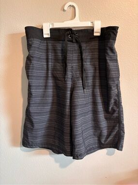 OP Men's Black & Gray Striped Swim Trunks Size M